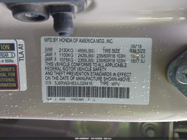 5J6RW2H83JL025416 Honda Cr-v Ex-l/ex-l Navi