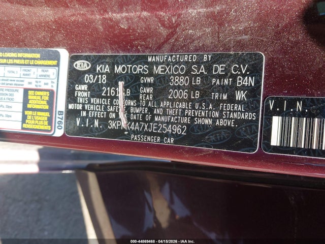 KIA FORTE LX 2018 3KPFK4A7XJE254962 Image 9
