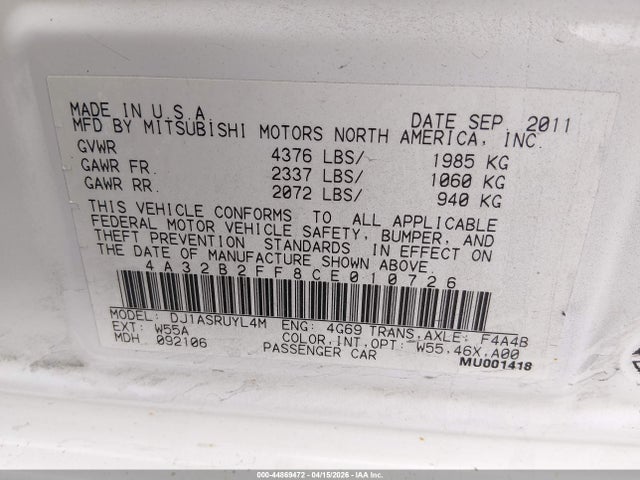 Продаж на аукціоні авто 2012 Mitsubishi Galant Fe, vin: 4A32B2FF8CE010726, номер лоту: 44869472