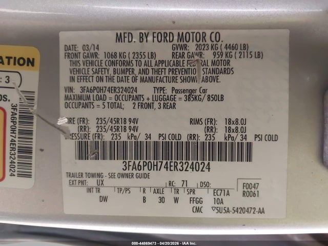 Aukcja sprzedaży 2014 Ford Fusion Se, vin: 3FA6P0H74ER324024, numer aukcji: 44869473