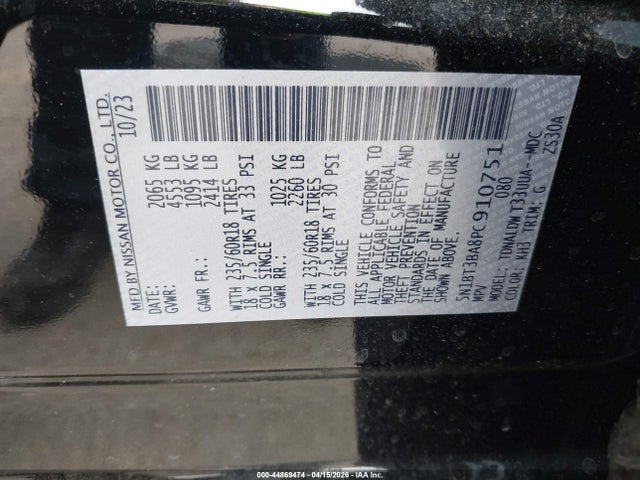 44869474 :رقم المزاد ، 5N1BT3BA8PC910751 vin ، 2023 Nissan Rogue Sv Fwd مزاد بيع