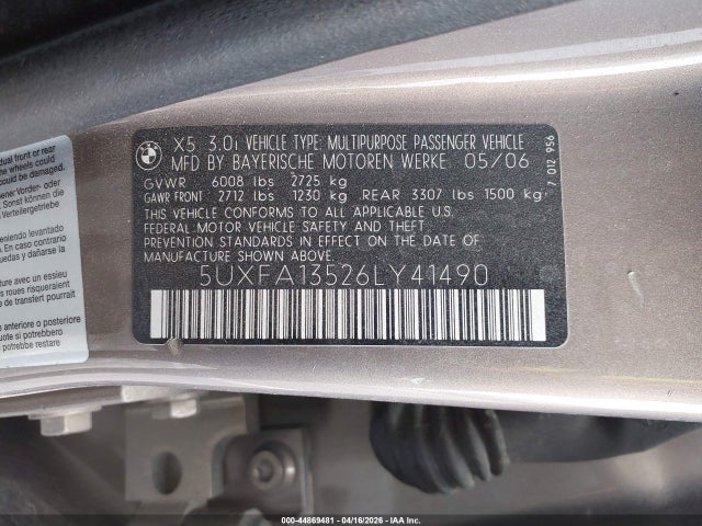Продажа на аукционе авто 2006 Bmw X5 3.0i, vin: 5UXFA13526LY41490, номер лота: 44869481