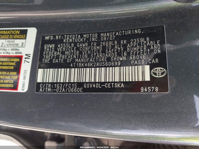 Auction sale of the 2008 Toyota Camry Se V6, vin: 4T1BK46K28U560699, lot number: 44869482