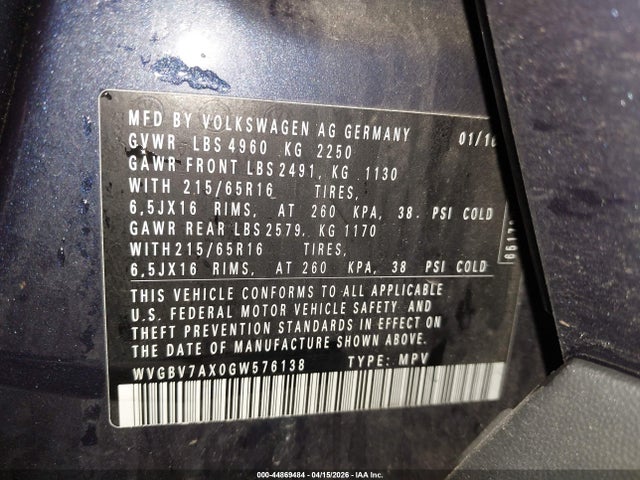 44869484 :رقم المزاد ، WVGBV7AX0GW576138 vin ، 2016 Volkswagen Tiguan S مزاد بيع