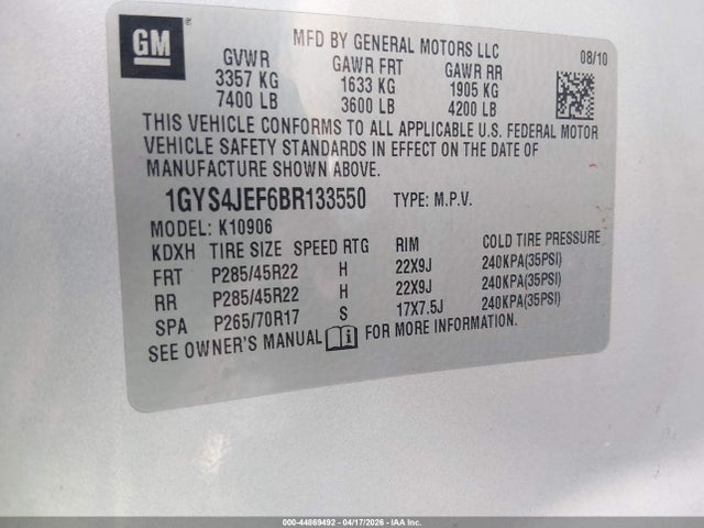 44869492 :رقم المزاد ، 1GYS4JEF6BR133550 vin ، 2011 Cadillac Escalade Esv Premium مزاد بيع