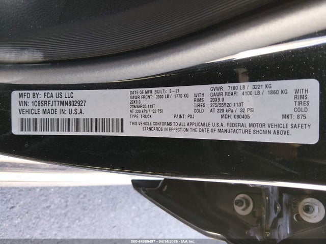 1C6SRFJT7MN802927 RAM 1500 Laramie 4x4 5&#039;7 Box