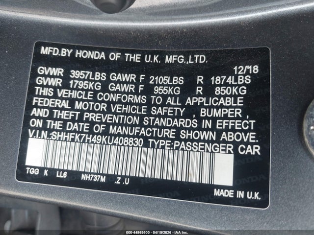 SHHFK7H49KU408830 Honda Civic Sport