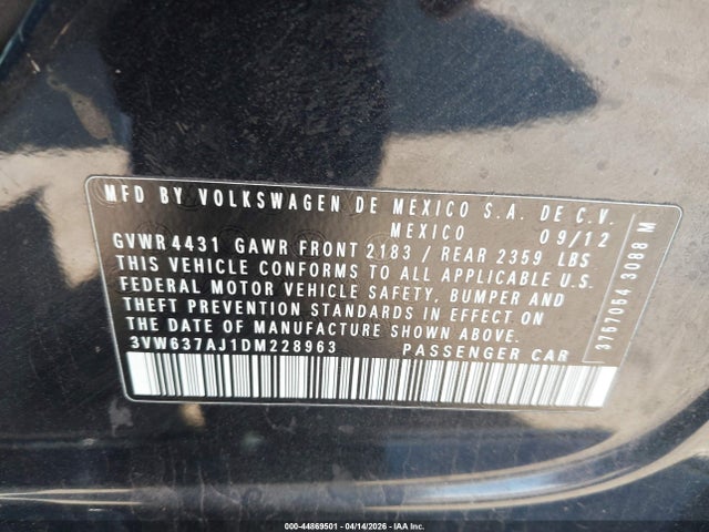 Продаж на аукціоні авто 2013 Volkswagen Jetta Hybrid Sel, vin: 3VW637AJ1DM228963, номер лоту: 44869501