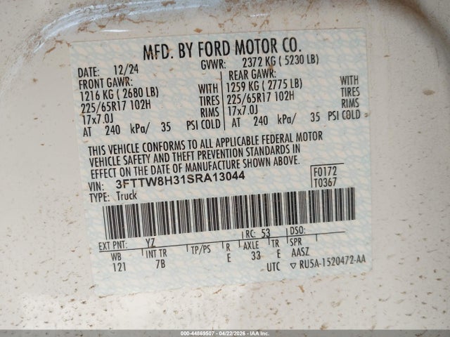 44869507 :رقم المزاد ، 3FTTW8H31SRA13044 vin ، 2025 Ford Maverick Xlt مزاد بيع