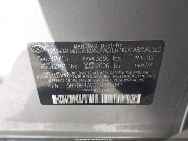 2016 Hyundai Elantra Se მანქანა იყიდება აუქციონზე, vin: 5NPDH4AE6GH759843, აუქციონის ნომერი: 44869516