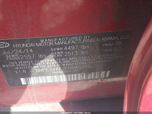 44869518 :رقم المزاد ، 5NPE34AF2FH045315 vin ، 2015 Hyundai Sonata Sport مزاد بيع