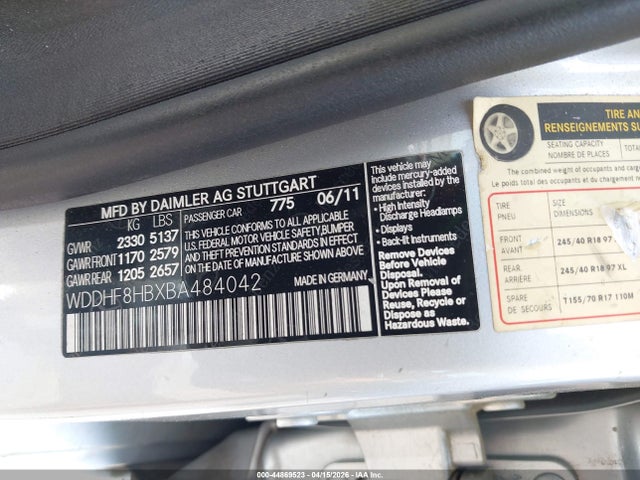 Aukcja sprzedaży 2011 Mercedes-benz E 350 4matic, vin: WDDHF8HBXBA484042, numer aukcji: 44869523