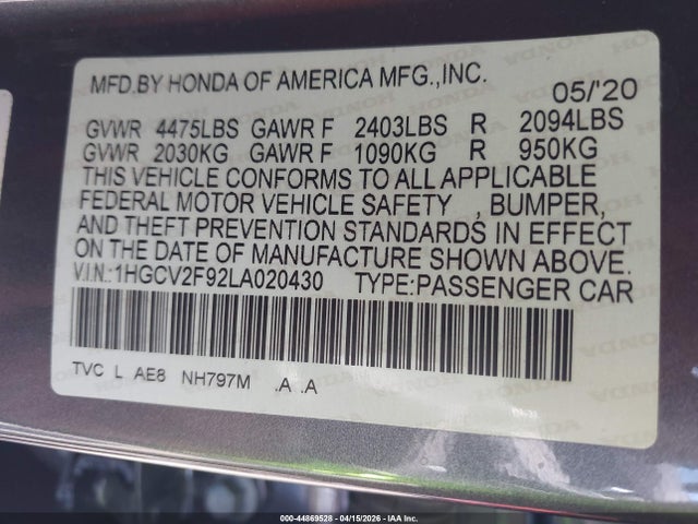 Honda Accord Touring 2020 1HGCV2F92LA020430 Image 9