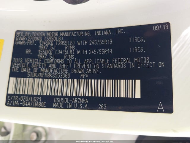 5TDKZRFH8KS553060 Toyota Highlander Se