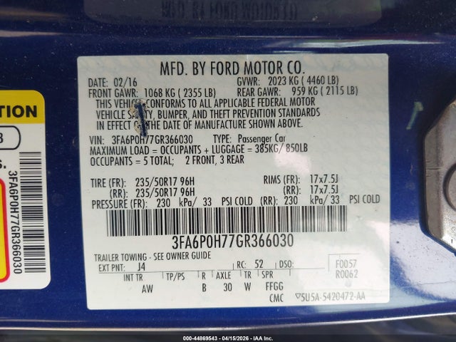 Aukcja sprzedaży 2016 Ford Fusion Se, vin: 3FA6P0H77GR366030, numer aukcji: 44869543