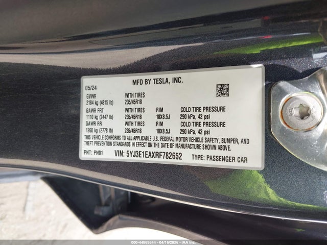 Aukcja sprzedaży 2024 Tesla Model 3 Long Range Dual Motor All-wheel Drive/rear-wheel Drive, vin: 5YJ3E1EAXRF782652, numer aukcji: 44869544