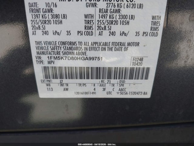 Ford EXPLORER XLT 2017 1FM5K7D80HGA99751 Image 9