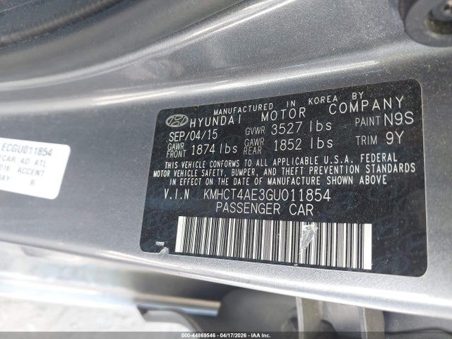 Aukcja sprzedaży 2016 Hyundai Accent Se, vin: KMHCT4AE3GU011854, numer aukcji: 44869546