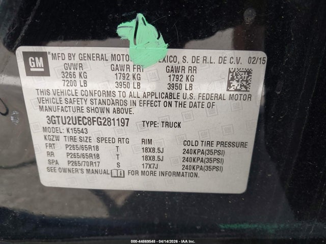 Aukcja sprzedaży 2015 Gmc Sierra 1500 Sle, vin: 3GTU2UEC8FG281197, numer aukcji: 44869548