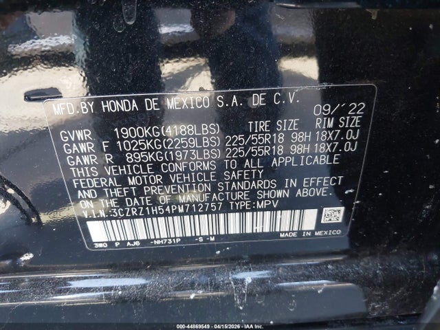 3CZRZ1H54PM712757 Honda Hr-v 2wd Sport