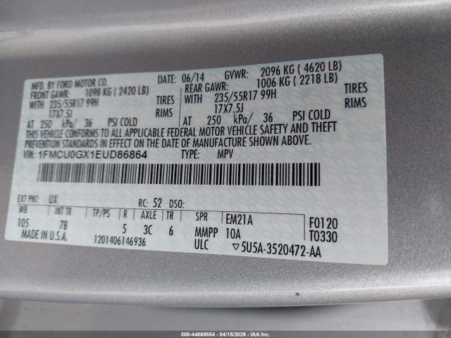 44869554 :رقم المزاد ، 1FMCU0GX1EUD86864 vin ، 2014 Ford Escape Se مزاد بيع
