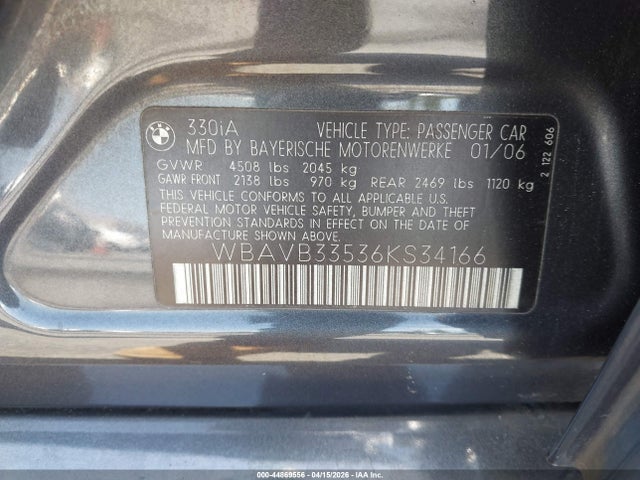 Aukcja sprzedaży 2006 Bmw 330i, vin: WBAVB33536KS34166, numer aukcji: 44869556