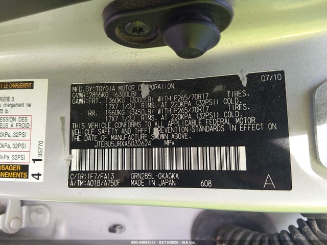 44869557 :رقم المزاد ، JTEBU5JRXA5032624 vin ، 2010 Toyota 4runner Trail V6 مزاد بيع