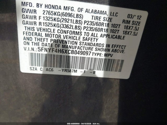 Продаж на аукціоні авто 2012 Honda Pilot Ex-l, vin: 5FNYF4H6XCB049097, номер лоту: 44869560