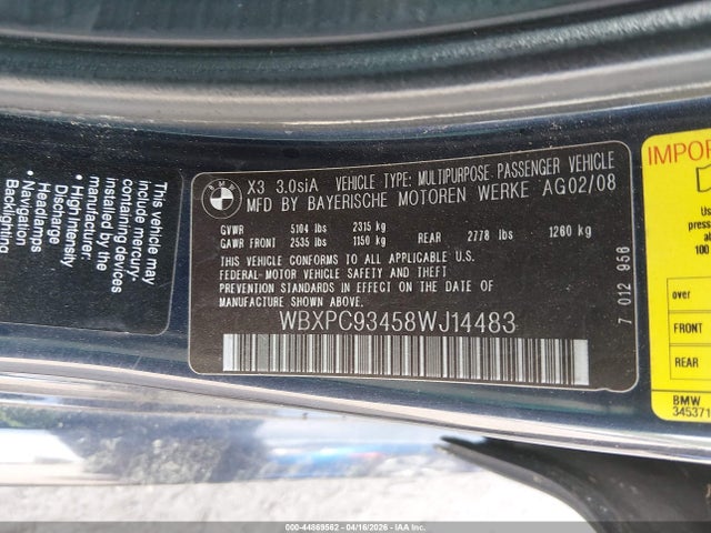 44869562 :رقم المزاد ، WBXPC93458WJ14483 vin ، 2008 Bmw X3 3.0si مزاد بيع