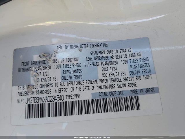 Продажа на аукционе авто 2010 Mazda Cx-9 Grand Touring, vin: JM3TB3MVXA0234640, номер лота: 44869568