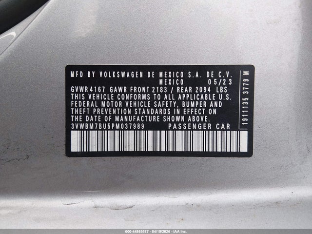 44869577 :رقم المزاد ، 3VWBM7BU5PM037989 vin ، 2023 Volkswagen Jetta 1.5t Sport مزاد بيع
