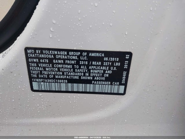 Продаж на аукціоні авто 2013 Volkswagen Passat 2.5l Se, vin: 1VWBP7A36DC139525, номер лоту: 44869584