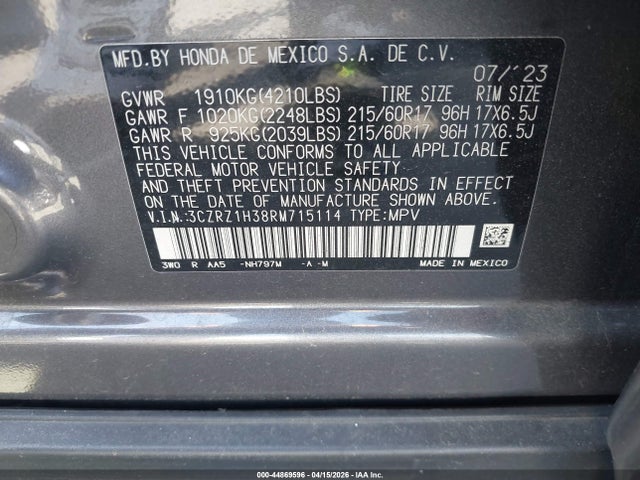 3CZRZ1H38RM715114 Honda Hr-v 2wd Lx