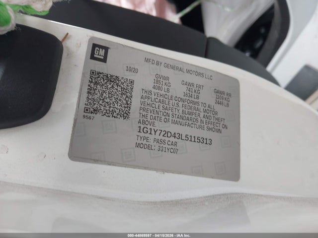 Продаж на аукціоні авто 2020 Chevrolet Corvette Stingray Rwd  2lt, vin: 1G1Y72D43L5115313, номер лоту: 44869597