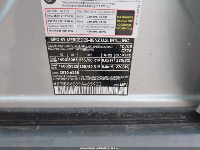 44869608 :رقم المزاد ، 4JGBB86E89A485933 vin ، 2009 Mercedes-benz Ml 350 4matic مزاد بيع