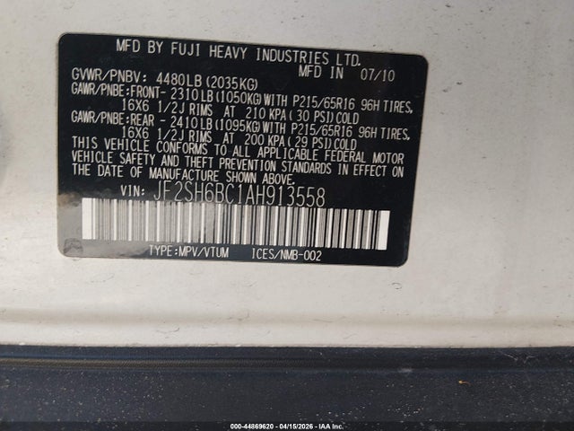 Продаж на аукціоні авто 2010 Subaru Forester 2.5x, vin: JF2SH6BC1AH913558, номер лоту: 44869620