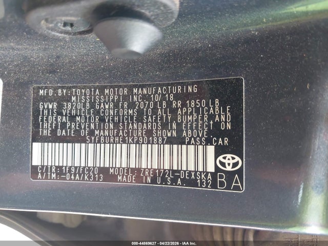 5YFBURHE1KP901887 Toyota COROLLA SE