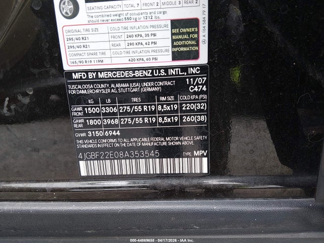 Aukcja sprzedaży 2008 Mercedes-benz Gl 320 Cdi 4matic, vin: 4JGBF22E08A353545, numer aukcji: 44869658