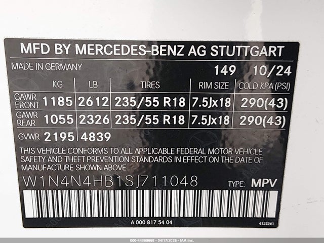 Aukcja sprzedaży 2025 Mercedes-benz Gla 250 4matic, vin: W1N4N4HB1SJ711048, numer aukcji: 44869668