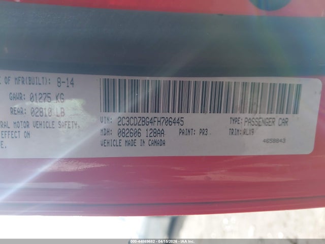 Aukcja sprzedaży 2015 Dodge Challenger Sxt Plus, vin: 2C3CDZBG4FH706445, numer aukcji: 44869682