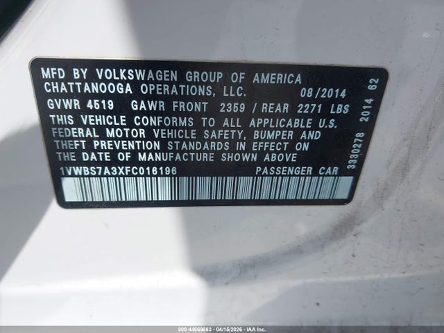 Продаж на аукціоні авто 2015 Volkswagen Passat 1.8t Se, vin: 1VWBS7A3XFC016196, номер лоту: 44869683