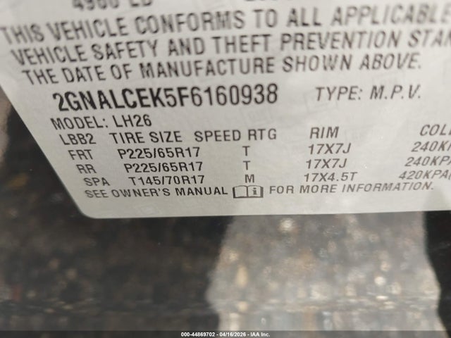 Aukcja sprzedaży 2015 Chevrolet Equinox 2lt, vin: 2GNALCEK5F6160938, numer aukcji: 44869702
