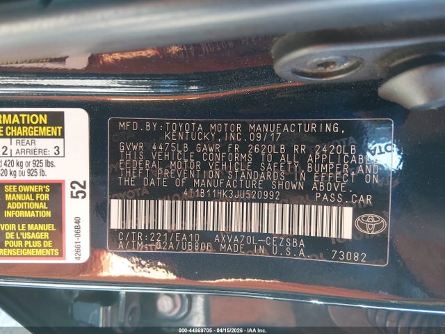 Toyota CAMRY SE 2018 4T1B11HK3JU520992 Image 9