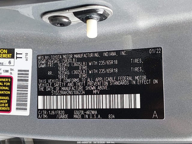 44869709 :رقم المزاد ، 5TDZZRAH2NS106234 vin ، 2022 Toyota Highlander Le مزاد بيع
