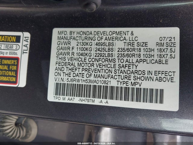 Продажа на аукционе авто 2021 Honda Cr-v 2wd Ex, vin: 5J6RW1H53MA010821, номер лота: 44869712