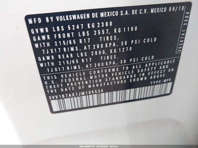 3VV1B7AX1JM185534 Volkswagen Tiguan 2.0t S