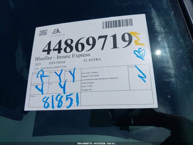 Продаж на аукціоні авто 2021 Hyundai Elantra Sel, vin: 5NPLM4AG5MH019768, номер лоту: 44869719