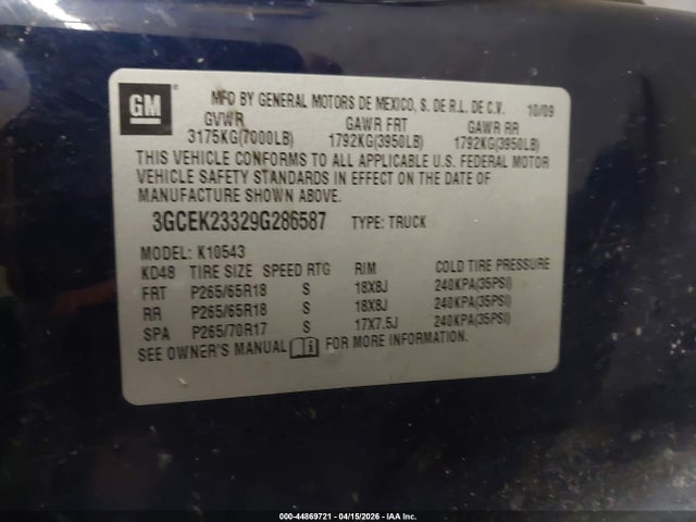 44869721 :رقم المزاد ، 3GCEK23329G286587 vin ، 2009 Chevrolet Silverado 1500 Lt مزاد بيع