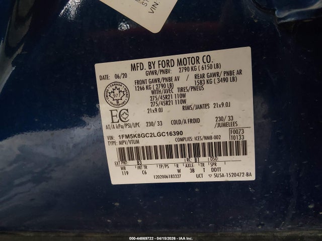 44869722 :رقم المزاد ، 1FM5K8GC2LGC16390 vin ، 2020 Ford Explorer St مزاد بيع