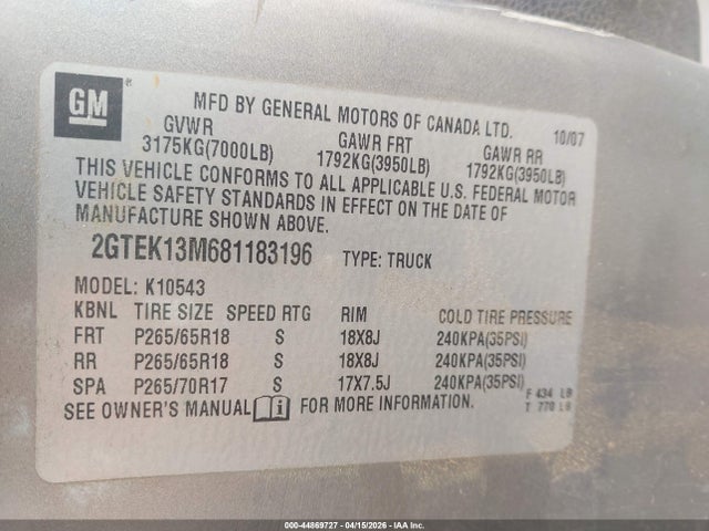 Продаж на аукціоні авто 2008 Gmc Sierra 1500 Slt, vin: 2GTEK13M681183196, номер лоту: 44869727